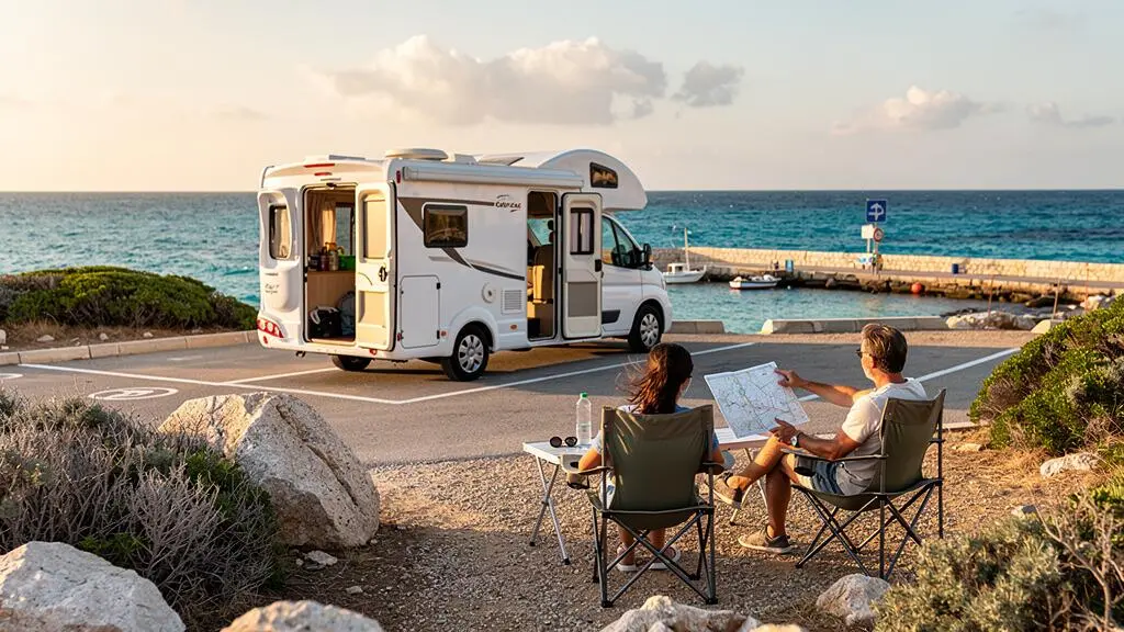 Un camper è parcheggiato in un'area di sosta sul litorale sardo, due viaggiatori sono seduti accanto al veicolo.