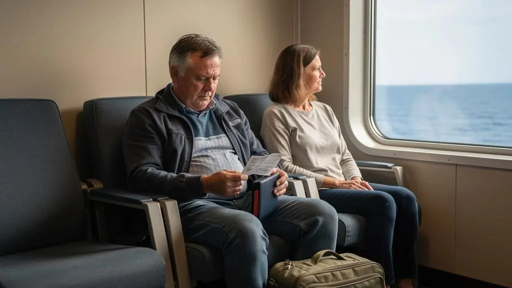 Una coppia di viaggiatori è seduta nella lounge di un traghetto, l'uomo controlla i documenti di viaggio.